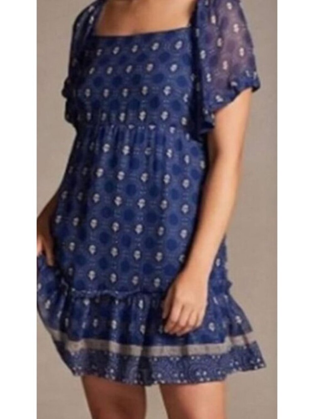 ANTHROPOLOGIE MAEVE Flutter Sleeve Shirred Open Back Mini Dress Navy/White 2X